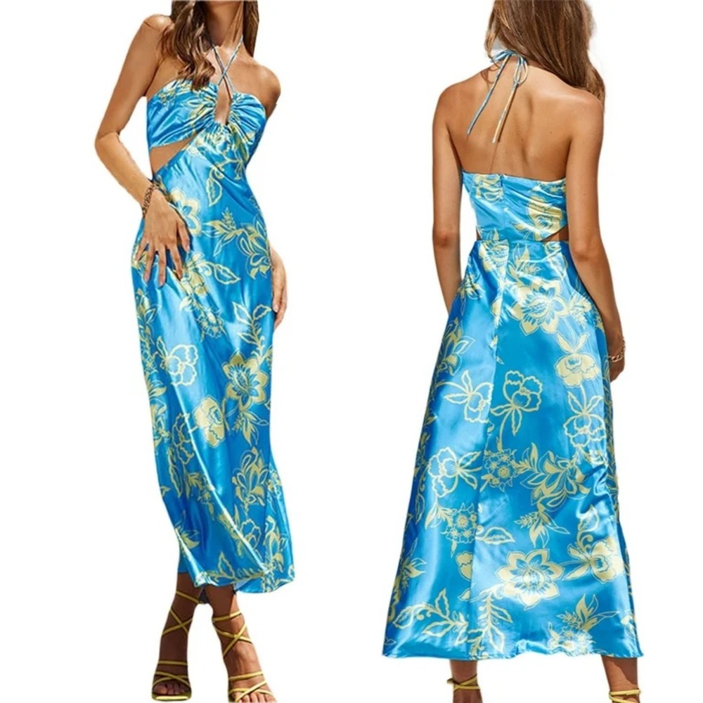 RUNAWAY Blue Floral Strapless Halter Cutout Satin Dress